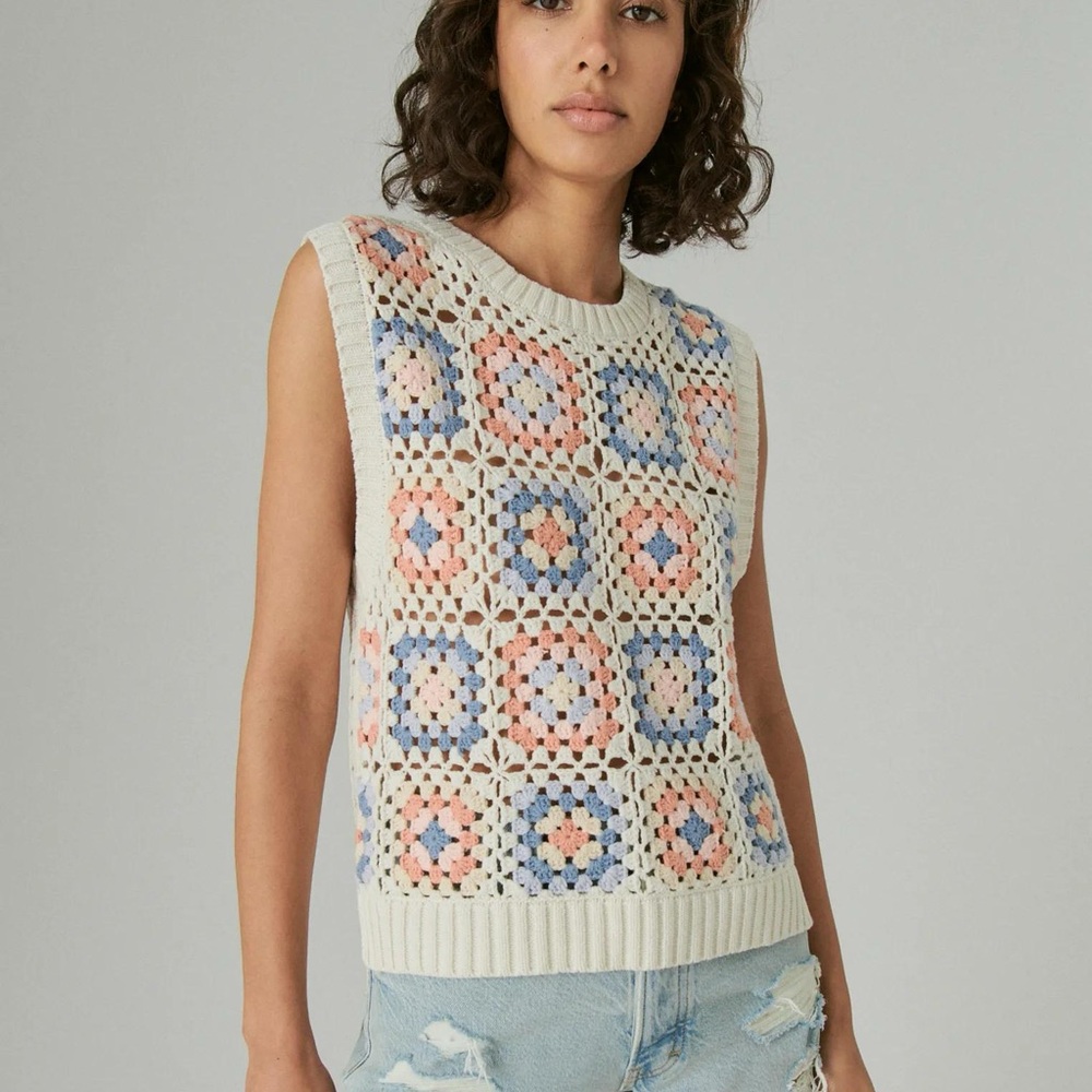 Lucky Brand Crochet Top with Colorful Squares